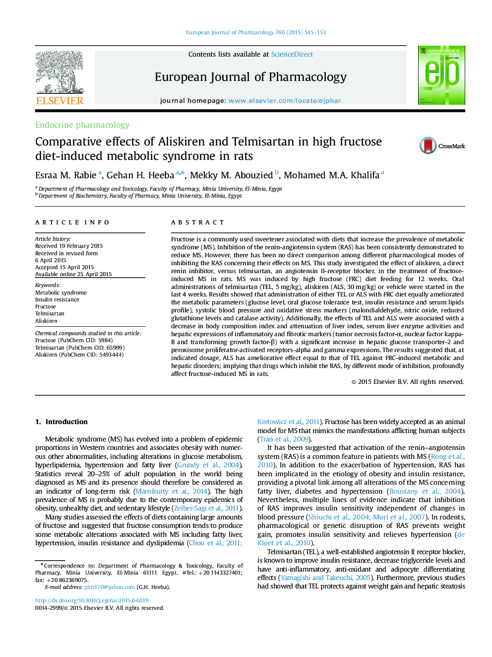 Comparative effects of Aliskiren and Telmisartan in high fructose diet-induced metabolic syndrome in rats