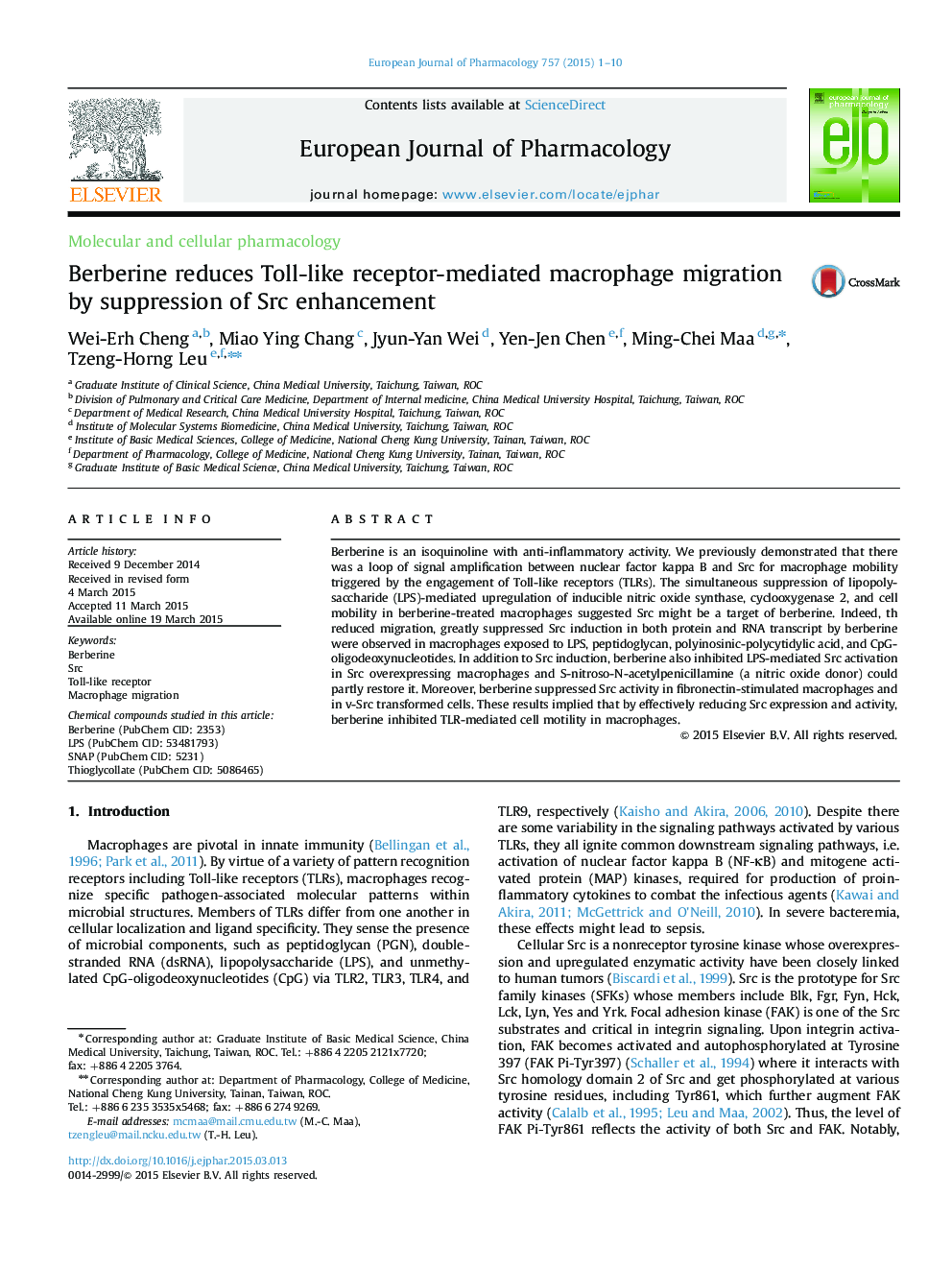 Berberine reduces Toll-like receptor-mediated macrophage migration by suppression of Src enhancement