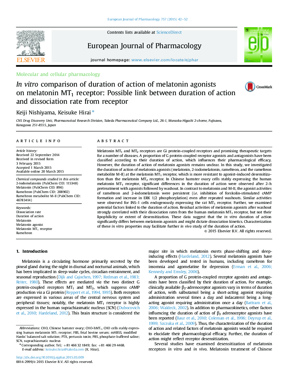 In vitro comparison of duration of action of melatonin agonists on melatonin MT1 receptor: Possible link between duration of action and dissociation rate from receptor