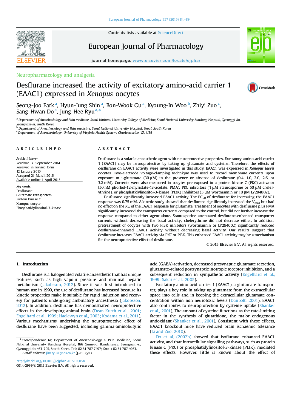 Desflurane increased the activity of excitatory amino-acid carrier 1 (EAAC1) expressed in Xenopus oocytes