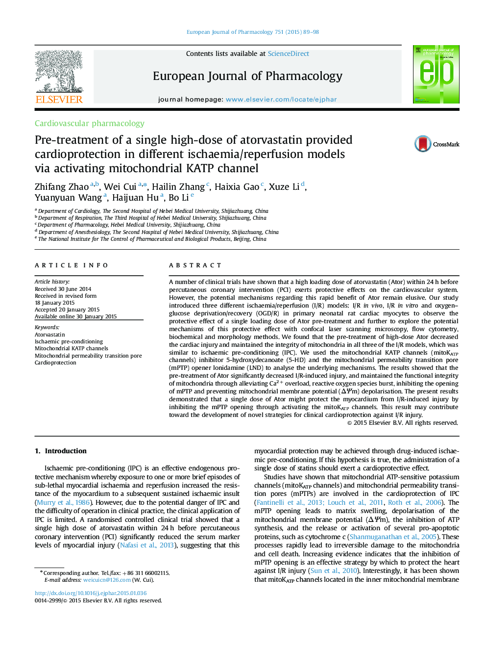 Pre-treatment of a single high-dose of atorvastatin provided cardioprotection in different ischaemia/reperfusion models via activating mitochondrial KATP channel