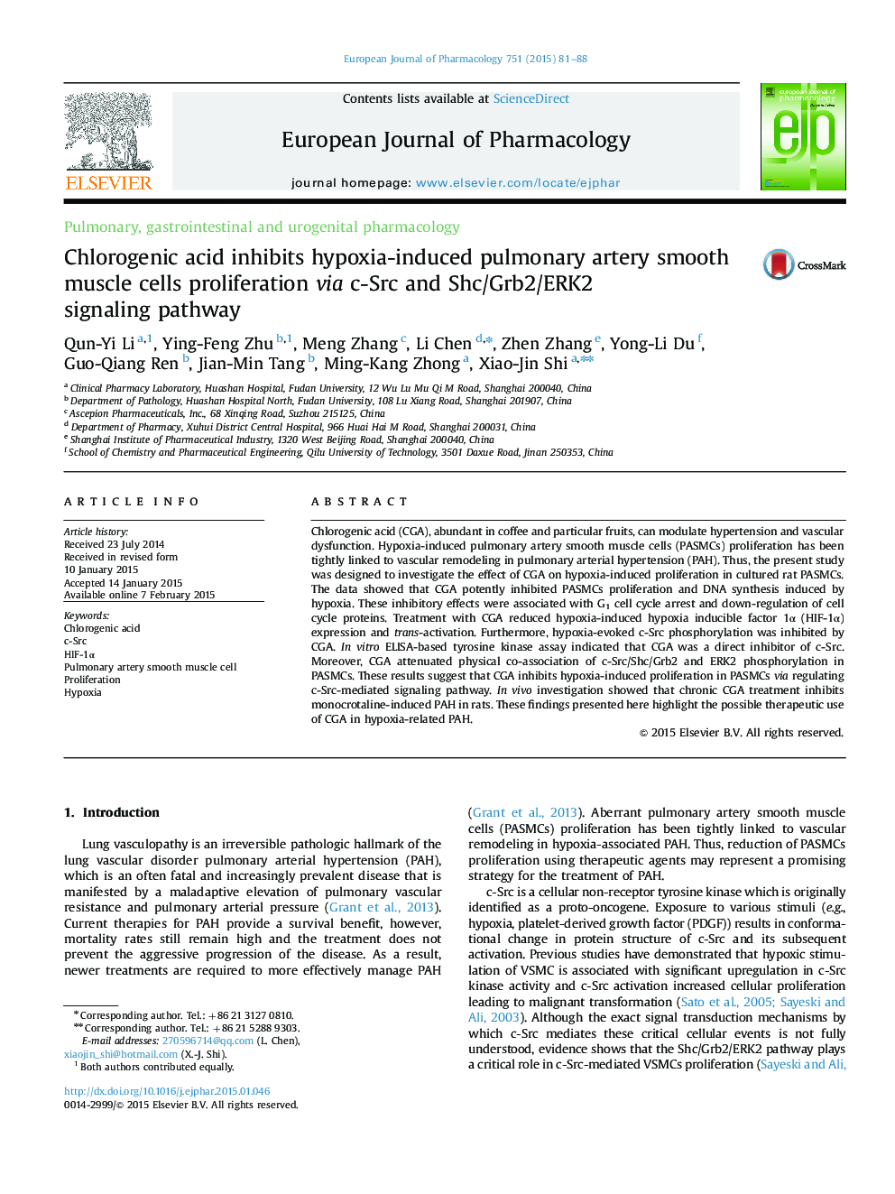 Chlorogenic acid inhibits hypoxia-induced pulmonary artery smooth muscle cells proliferation via c-Src and Shc/Grb2/ERK2 signaling pathway