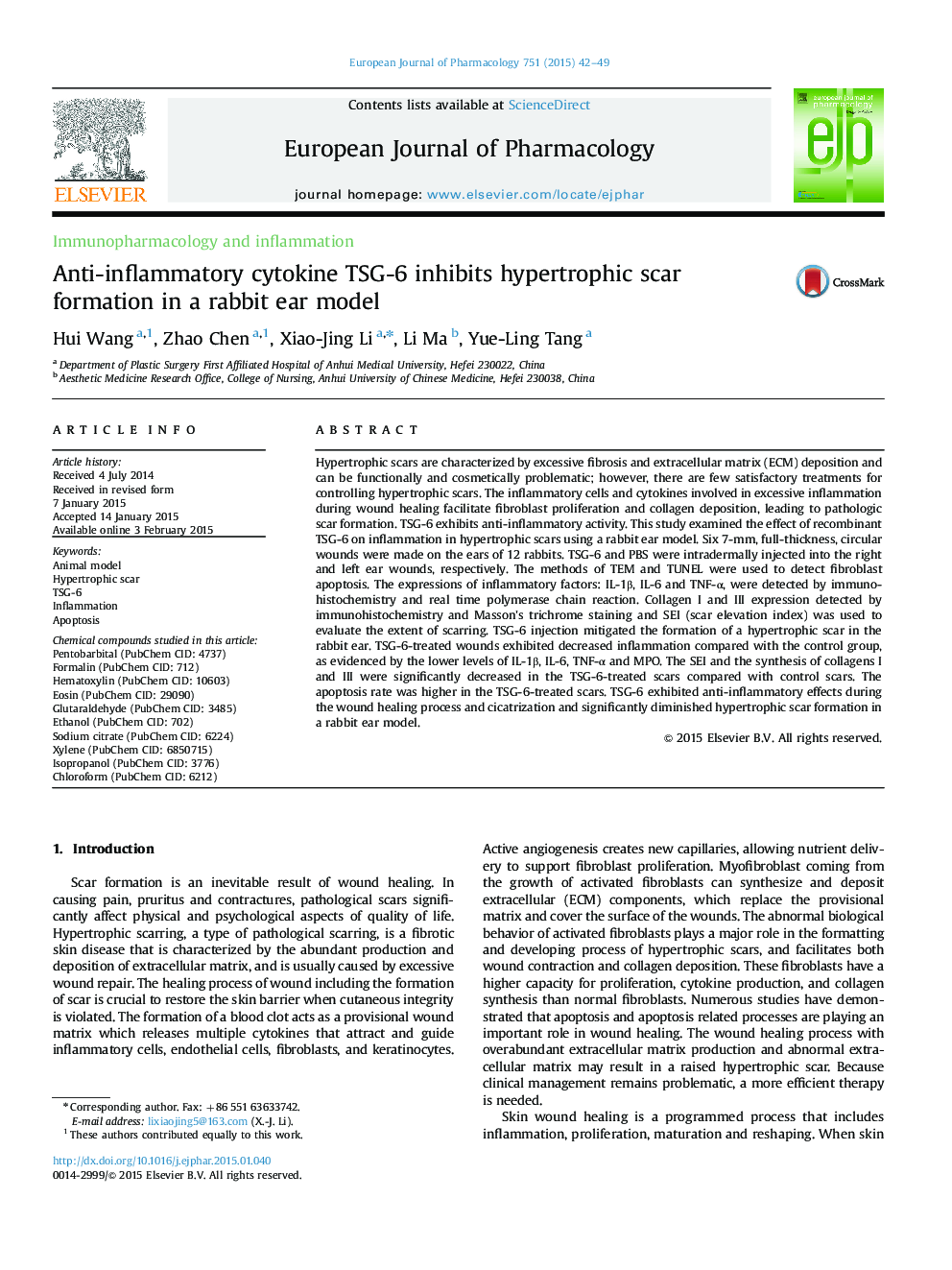 Anti-inflammatory cytokine TSG-6 inhibits hypertrophic scar formation in a rabbit ear model