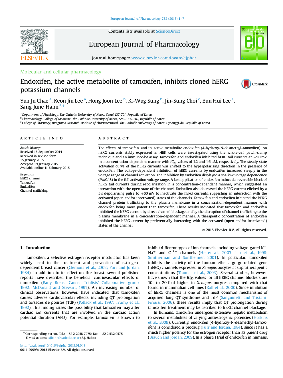 Endoxifen, the active metabolite of tamoxifen, inhibits cloned hERG potassium channels