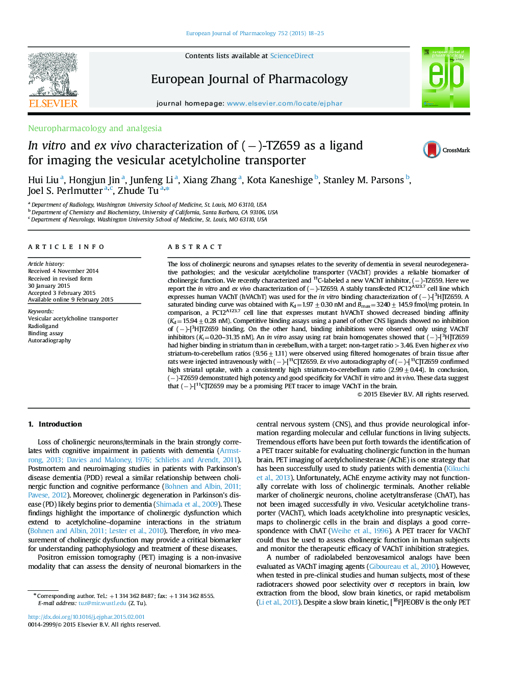 In vitro and ex vivo characterization of (−)-TZ659 as a ligand for imaging the vesicular acetylcholine transporter