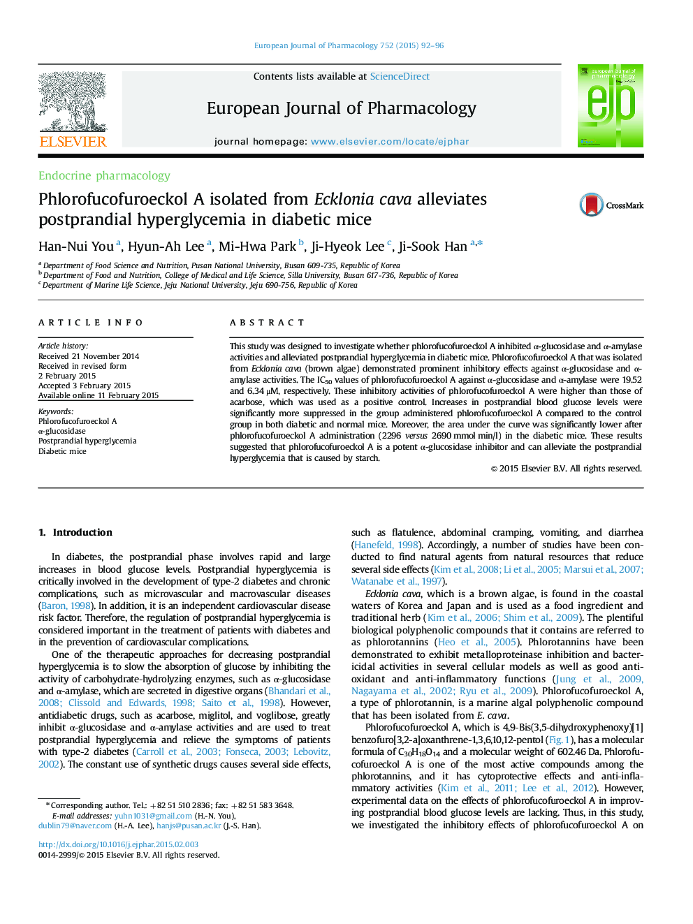 Phlorofucofuroeckol A isolated from Ecklonia cava alleviates postprandial hyperglycemia in diabetic mice