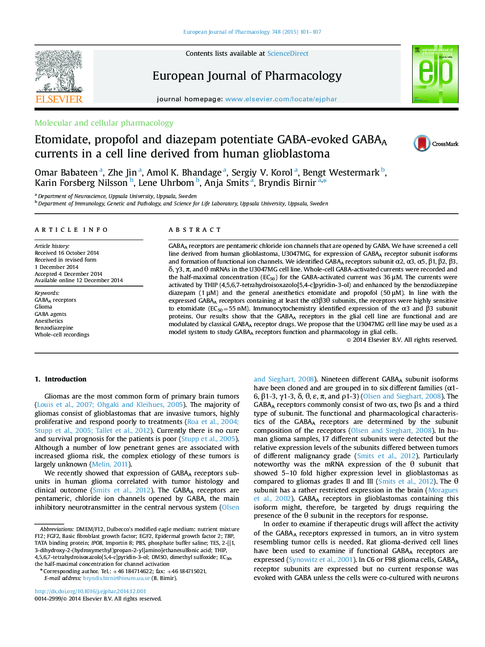 Etomidate, propofol and diazepam potentiate GABA-evoked GABAA currents in a cell line derived from human glioblastoma