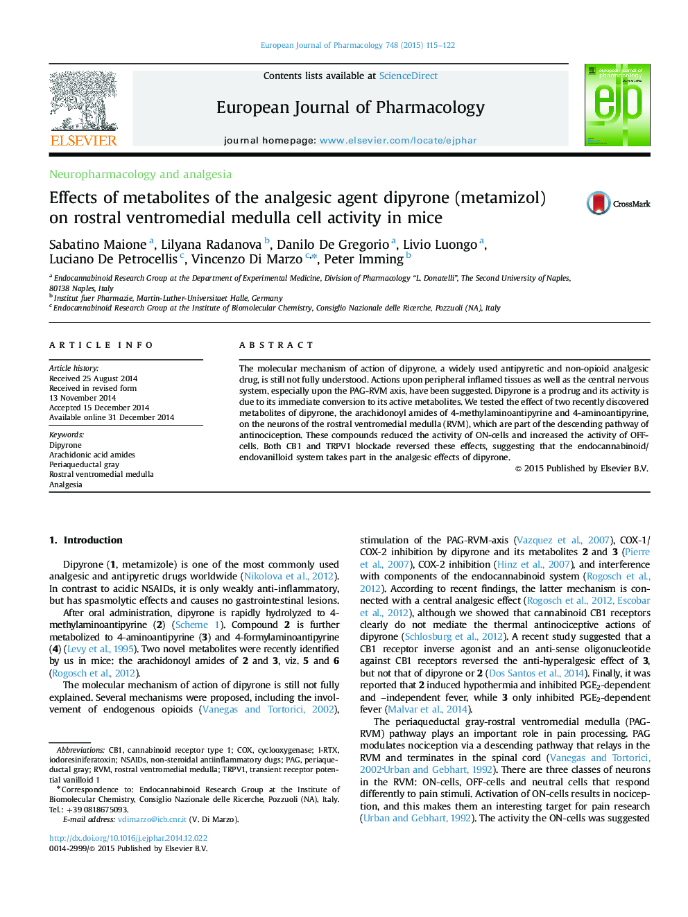 Effects of metabolites of the analgesic agent dipyrone (metamizol) on rostral ventromedial medulla cell activity in mice