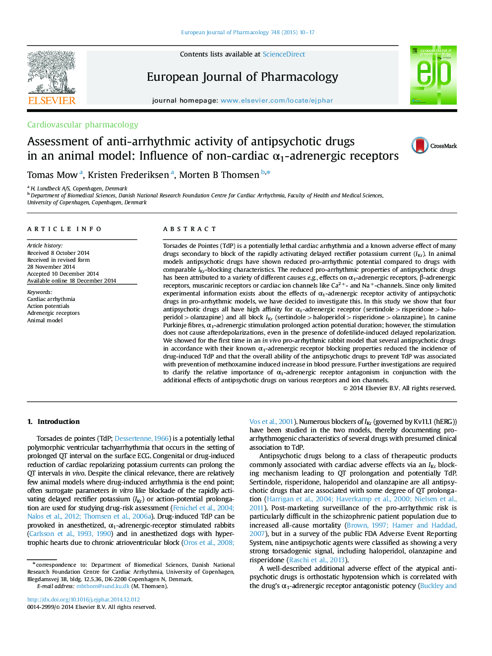 Assessment of anti-arrhythmic activity of antipsychotic drugs in an animal model: Influence of non-cardiac α1-adrenergic receptors