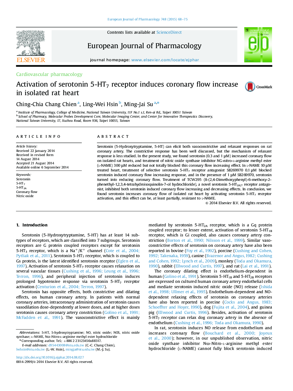 Activation of serotonin 5-HT7 receptor induces coronary flow increase in isolated rat heart