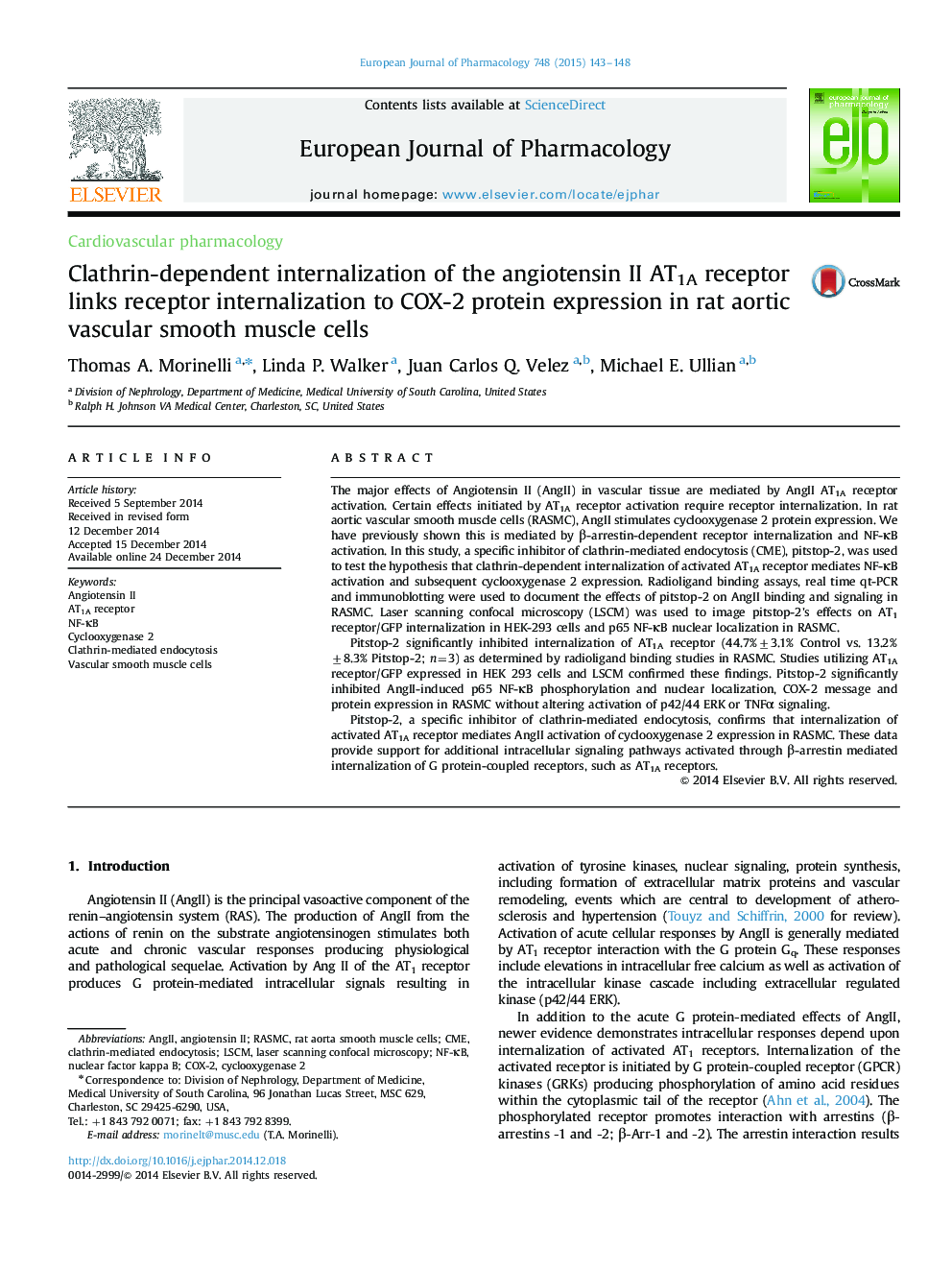 Clathrin-dependent internalization of the angiotensin II AT1A receptor links receptor internalization to COX-2 protein expression in rat aortic vascular smooth muscle cells