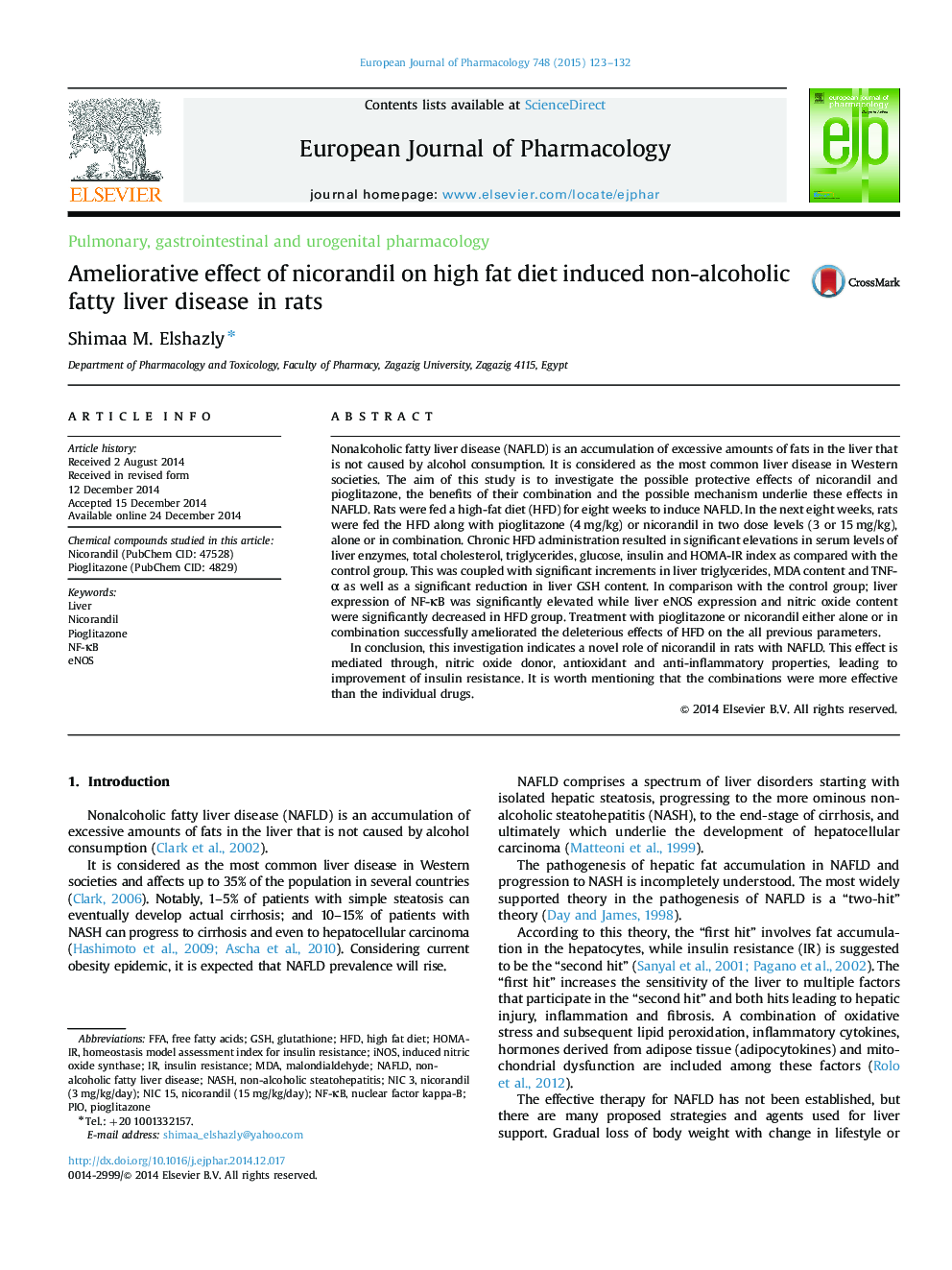 Ameliorative effect of nicorandil on high fat diet induced non-alcoholic fatty liver disease in rats