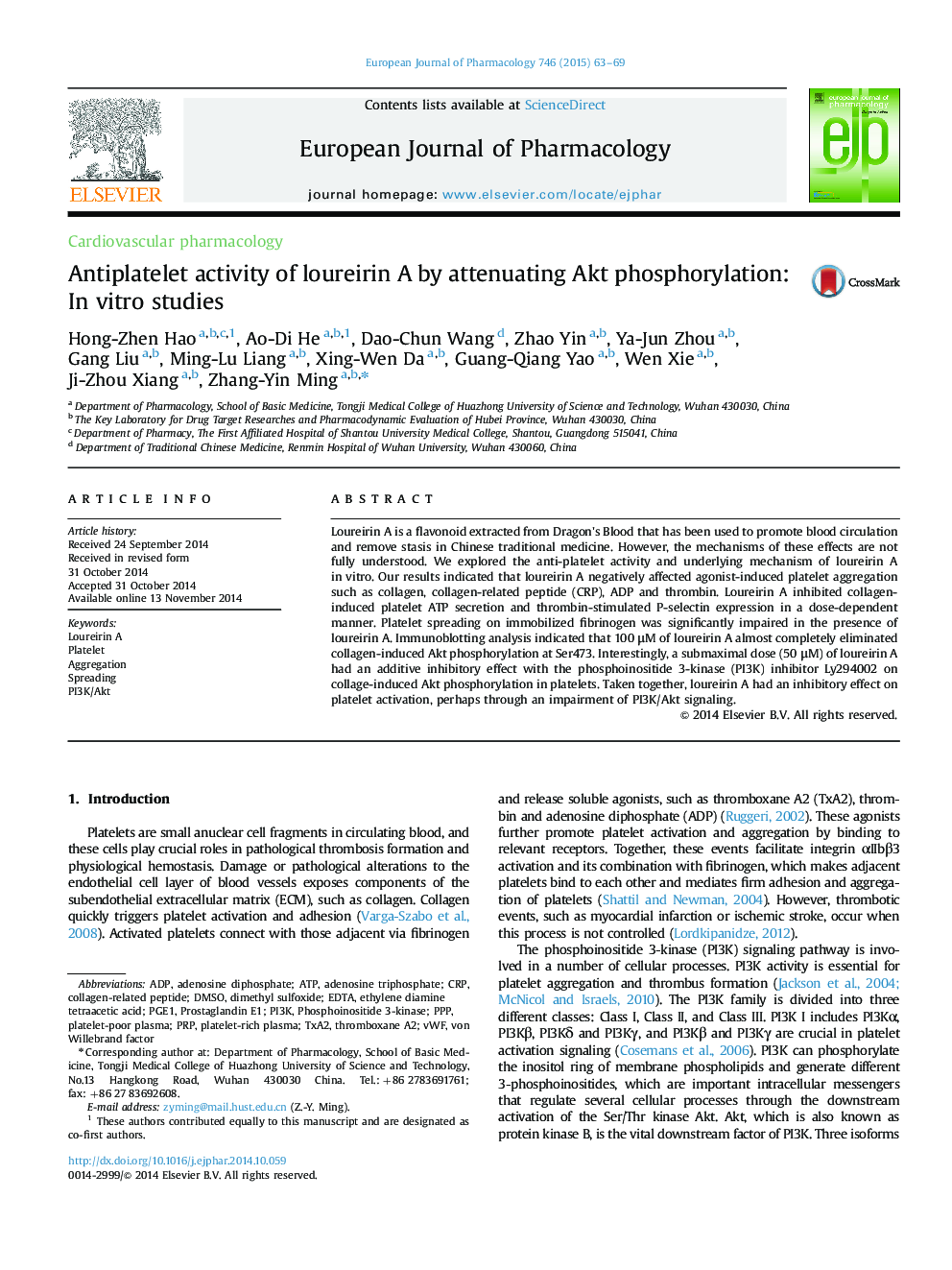 Antiplatelet activity of loureirin A by attenuating Akt phosphorylation: In vitro studies