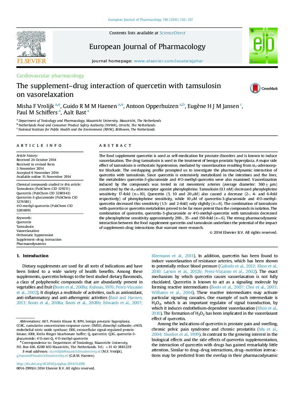 The supplement–drug interaction of quercetin with tamsulosin on vasorelaxation
