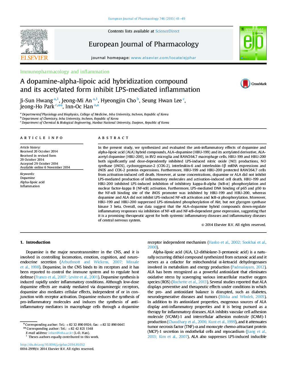 A dopamine-alpha-lipoic acid hybridization compound and its acetylated form inhibit LPS-mediated inflammation