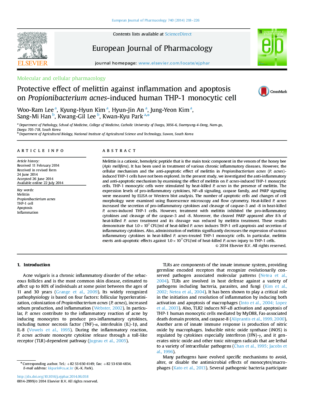 Protective effect of melittin against inflammation and apoptosis on Propionibacterium acnes-induced human THP-1 monocytic cell