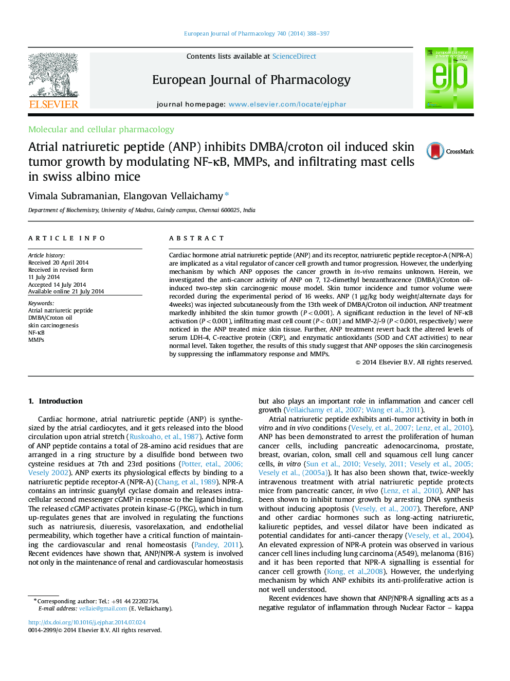 Atrial natriuretic peptide (ANP) inhibits DMBA/croton oil induced skin tumor growth by modulating NF-κB, MMPs, and infiltrating mast cells in swiss albino mice