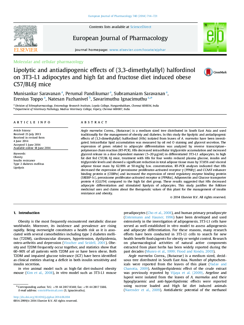 Lipolytic and antiadipogenic effects of (3,3-dimethylallyl) halfordinol on 3T3-L1 adipocytes and high fat and fructose diet induced obese C57/BL6J mice