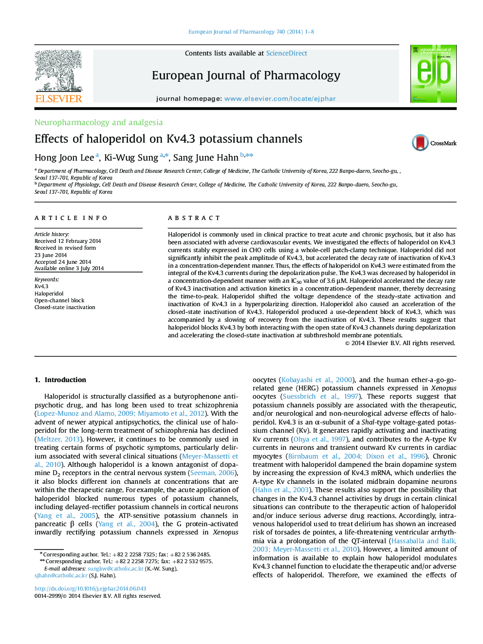 Effects of haloperidol on Kv4.3 potassium channels