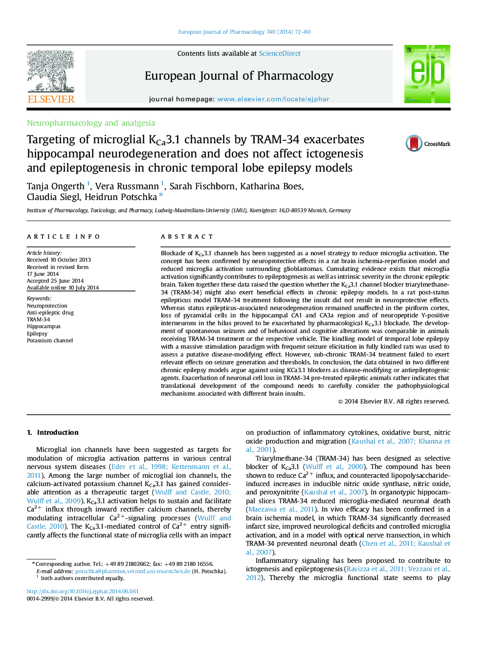 Targeting of microglial KCa3.1 channels by TRAM-34 exacerbates hippocampal neurodegeneration and does not affect ictogenesis and epileptogenesis in chronic temporal lobe epilepsy models