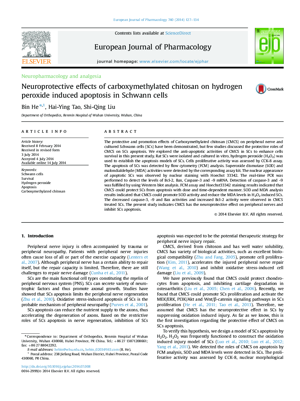 Neuroprotective effects of carboxymethylated chitosan on hydrogen peroxide induced apoptosis in Schwann cells