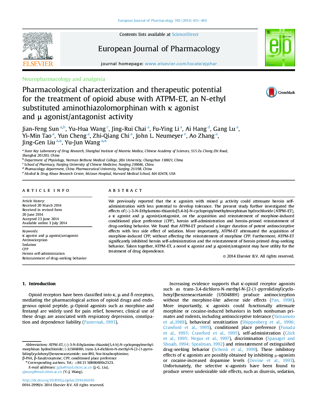 Pharmacological characterization and therapeutic potential for the treatment of opioid abuse with ATPM-ET, an N-ethyl substituted aminothiazolomorphinan with κ agonist and μ agonist/antagonist activity