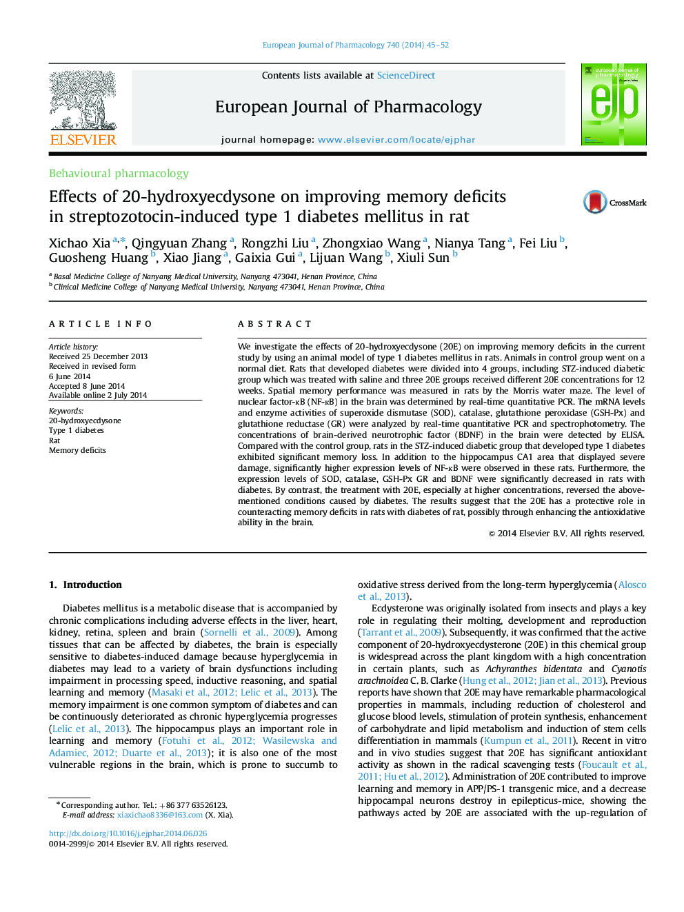 Effects of 20-hydroxyecdysone on improving memory deficits in streptozotocin-induced type 1 diabetes mellitus in rat