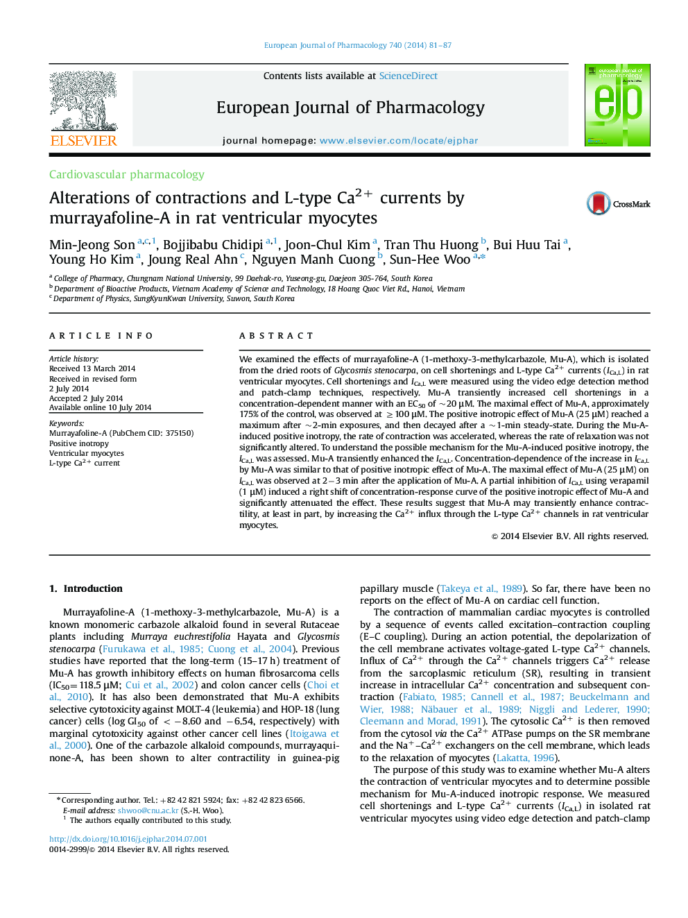 Alterations of contractions and L-type Ca2+ currents by murrayafoline-A in rat ventricular myocytes