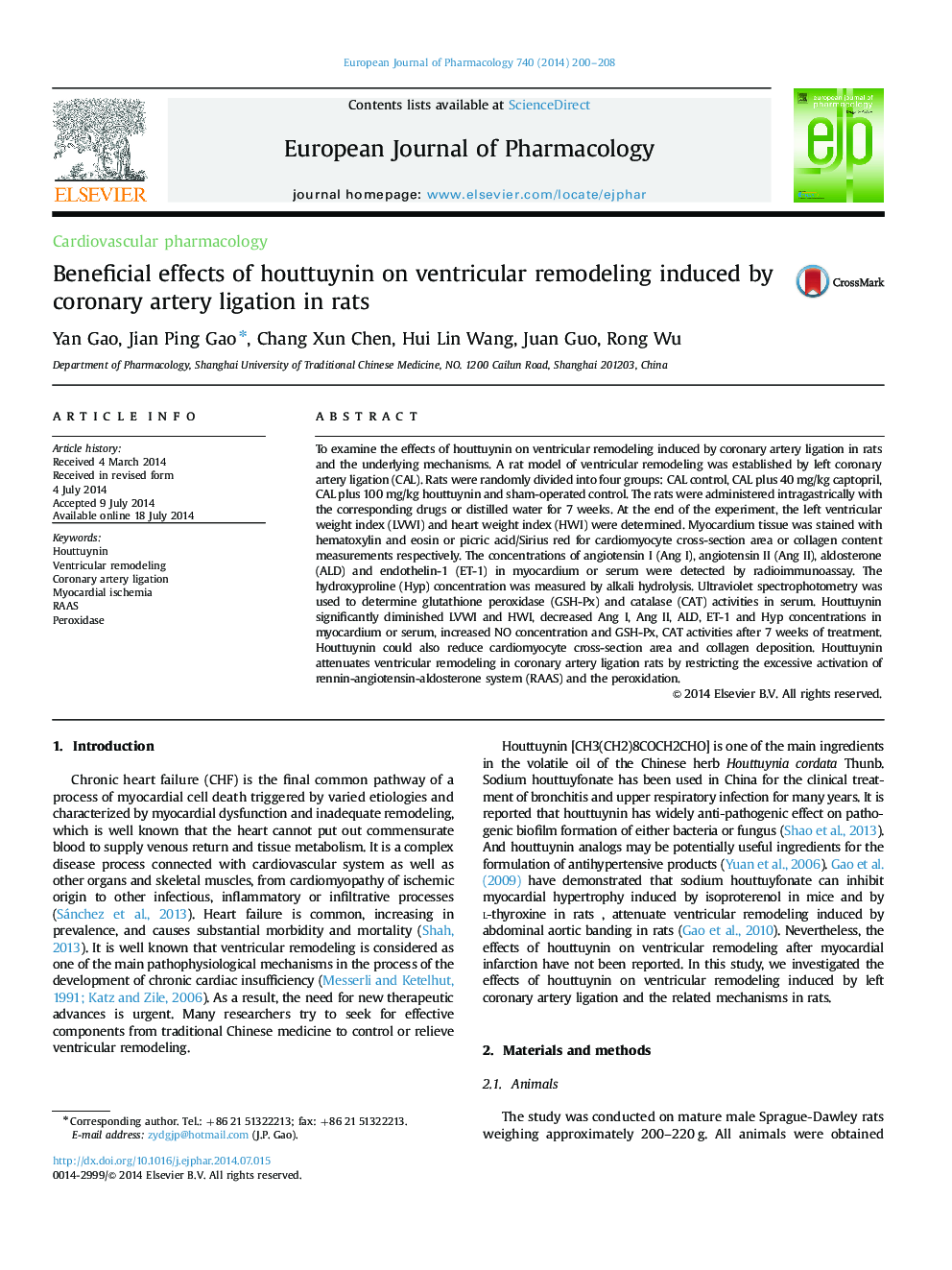 Beneficial effects of houttuynin on ventricular remodeling induced by coronary artery ligation in rats