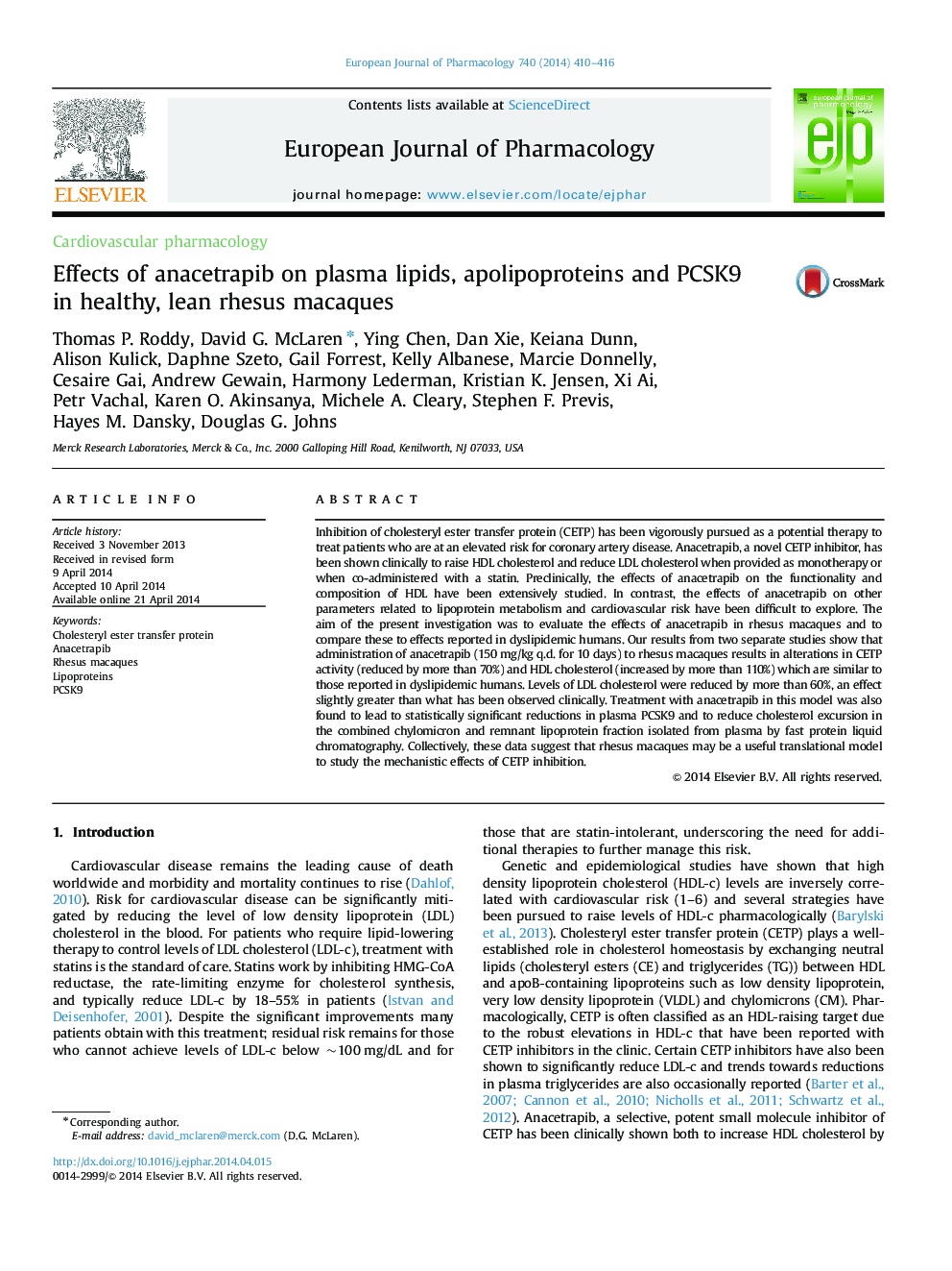 Effects of anacetrapib on plasma lipids, apolipoproteins and PCSK9 in healthy, lean rhesus macaques