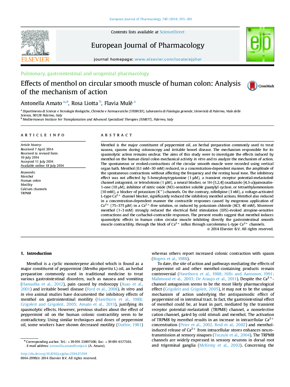 Effects of menthol on circular smooth muscle of human colon: Analysis of the mechanism of action