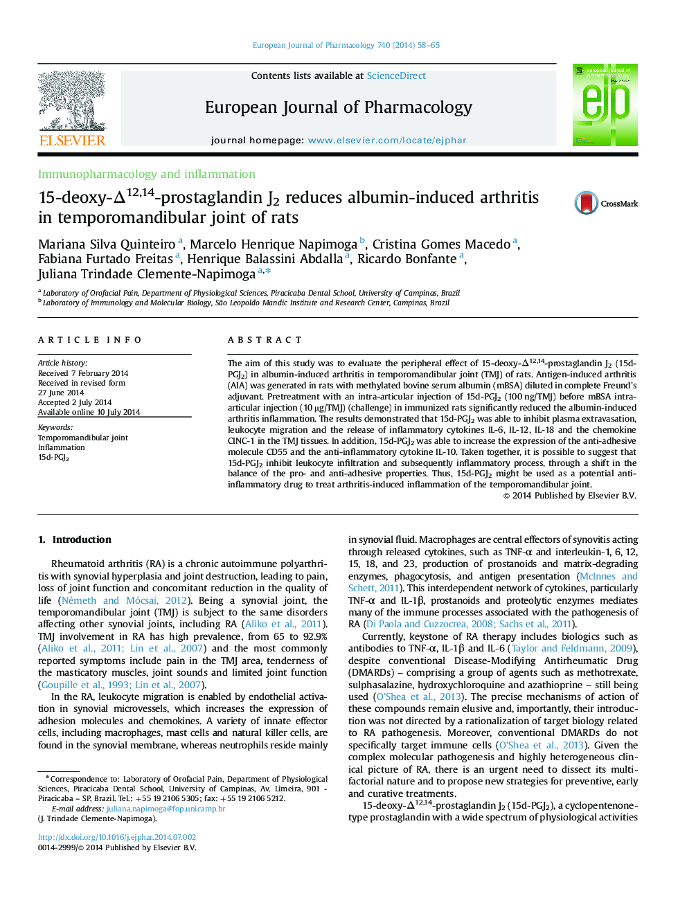 15-deoxy-Δ12,14-prostaglandin J2 reduces albumin-induced arthritis in temporomandibular joint of rats