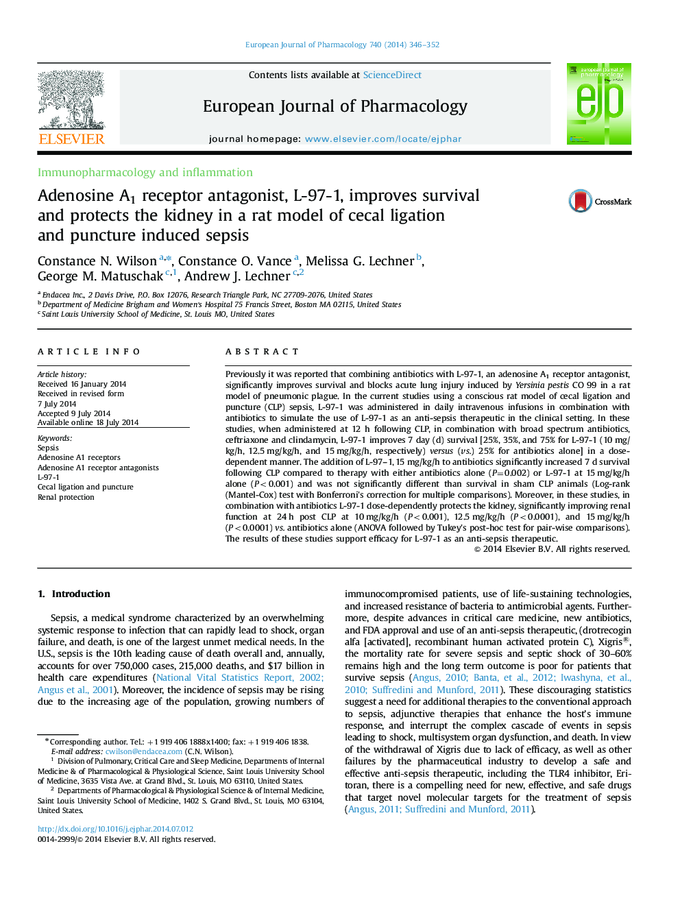 Adenosine A1 receptor antagonist, L-97-1, improves survival and protects the kidney in a rat model of cecal ligation and puncture induced sepsis