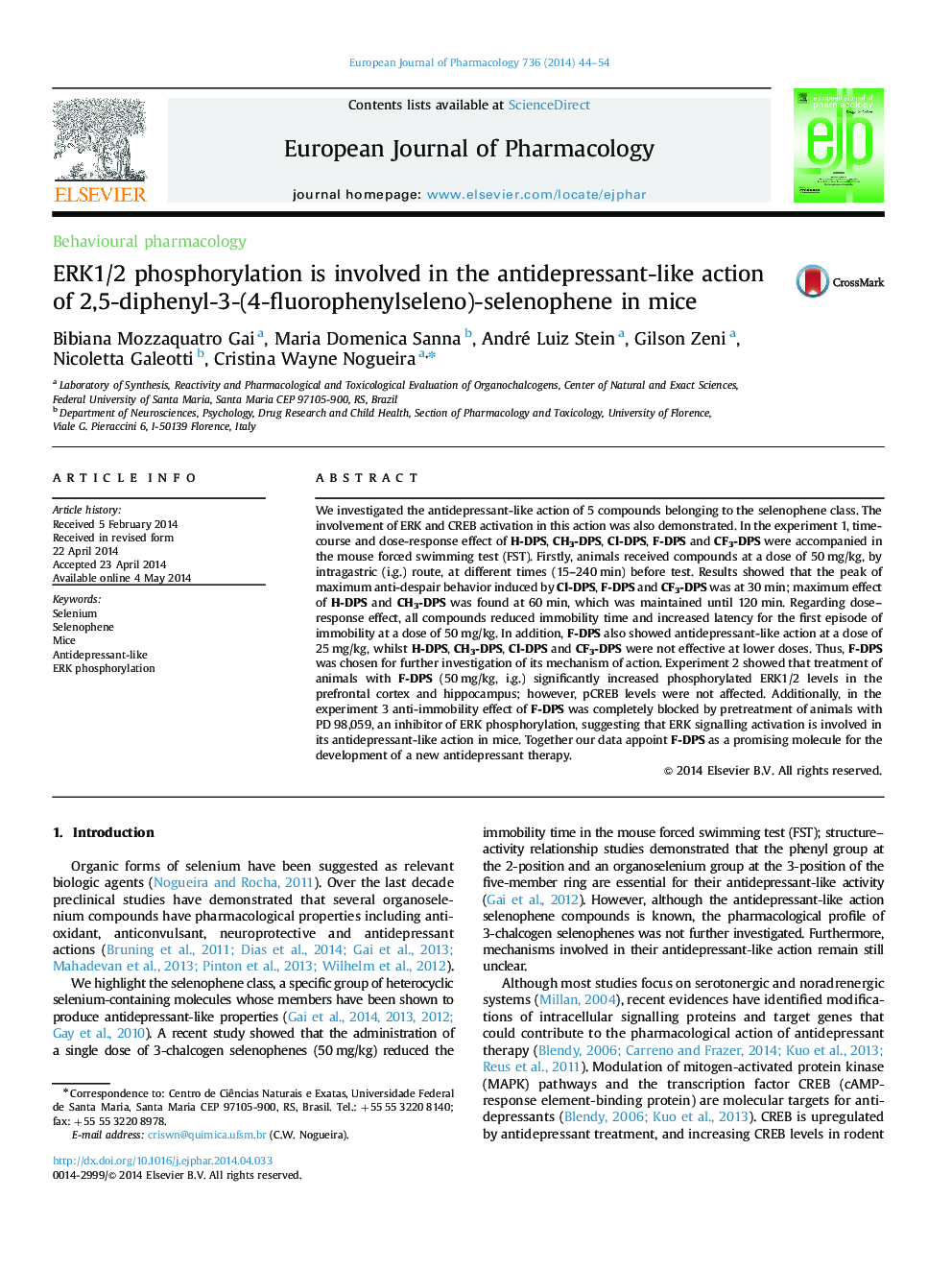 ERK1/2 phosphorylation is involved in the antidepressant-like action of 2,5-diphenyl-3-(4-fluorophenylseleno)-selenophene in mice