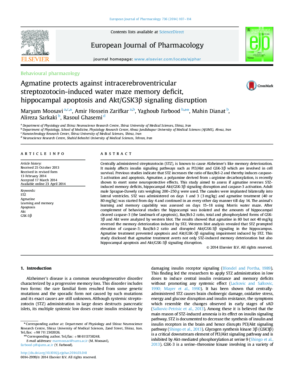 Agmatine protects against intracerebroventricular streptozotocin-induced water maze memory deficit, hippocampal apoptosis and Akt/GSK3β signaling disruption