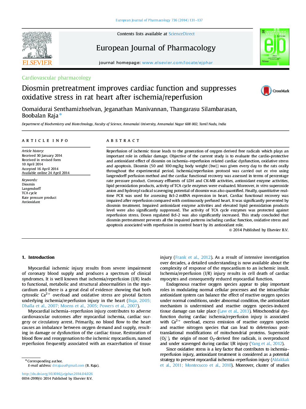 Diosmin pretreatment improves cardiac function and suppresses oxidative stress in rat heart after ischemia/reperfusion