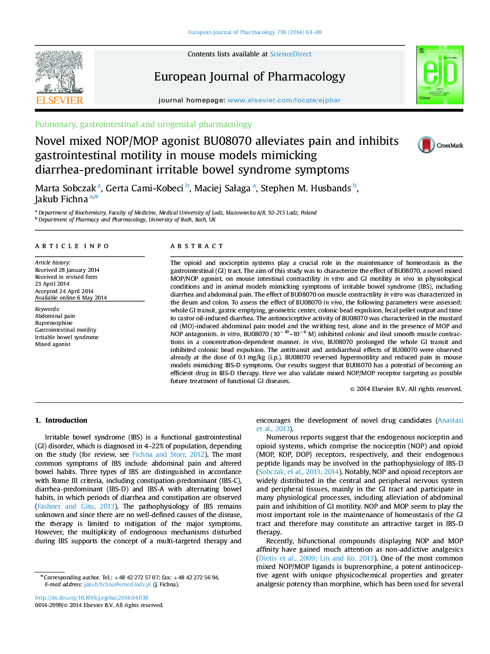 Novel mixed NOP/MOP agonist BU08070 alleviates pain and inhibits gastrointestinal motility in mouse models mimicking diarrhea-predominant irritable bowel syndrome symptoms