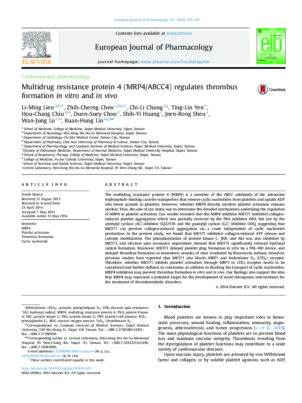 Multidrug resistance protein 4 (MRP4/ABCC4) regulates thrombus formation in vitro and in vivo