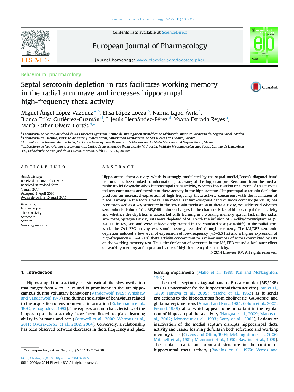 Septal serotonin depletion in rats facilitates working memory in the radial arm maze and increases hippocampal high-frequency theta activity