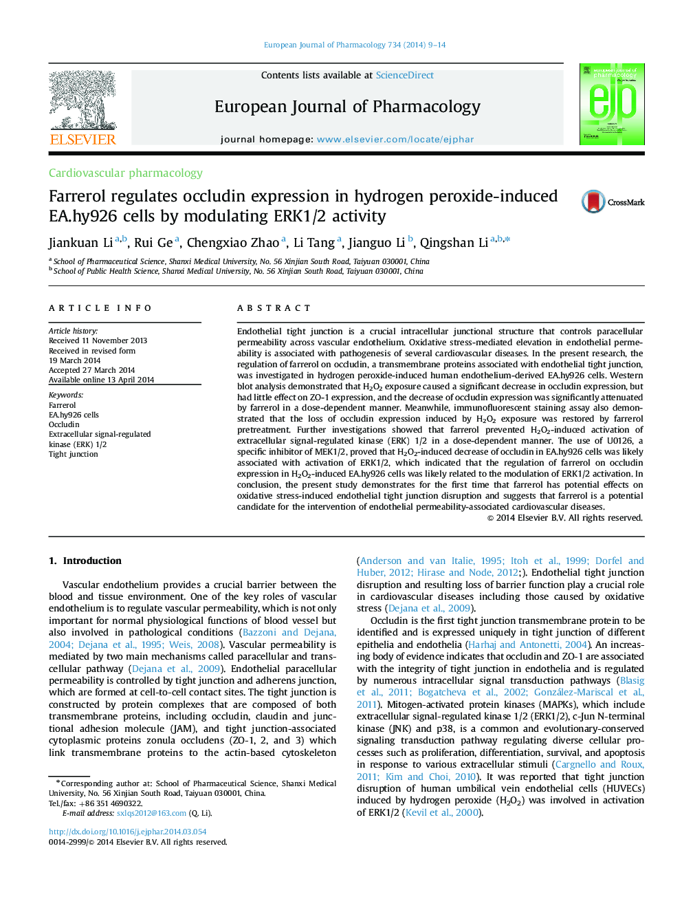 Farrerol regulates occludin expression in hydrogen peroxide-induced EA.hy926 cells by modulating ERK1/2 activity