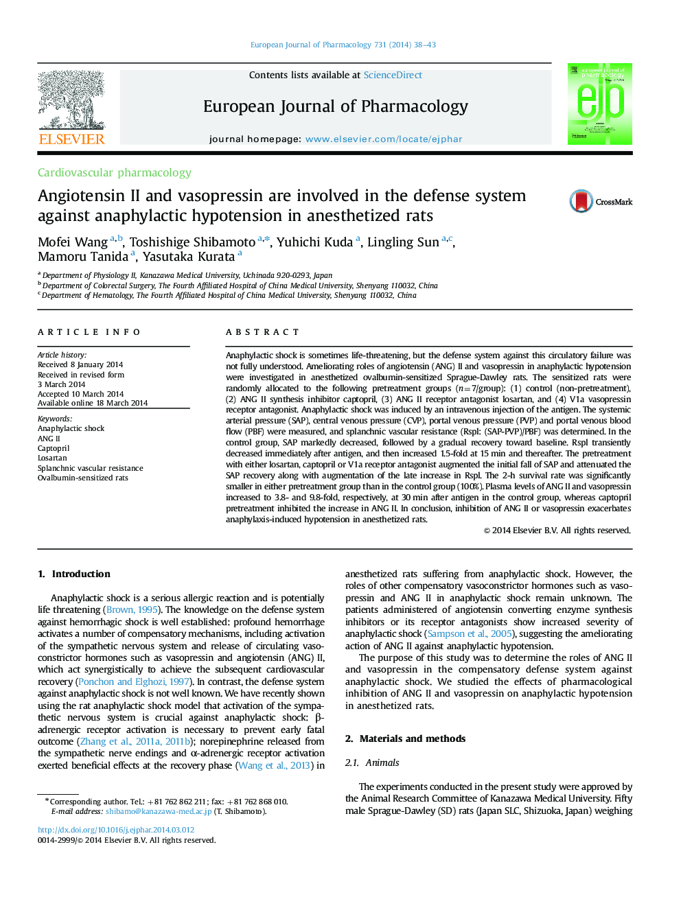 Angiotensin II and vasopressin are involved in the defense system against anaphylactic hypotension in anesthetized rats