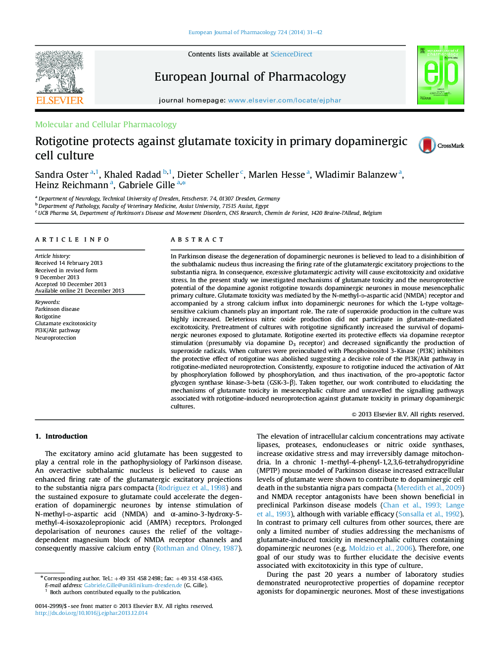 Rotigotine protects against glutamate toxicity in primary dopaminergic cell culture