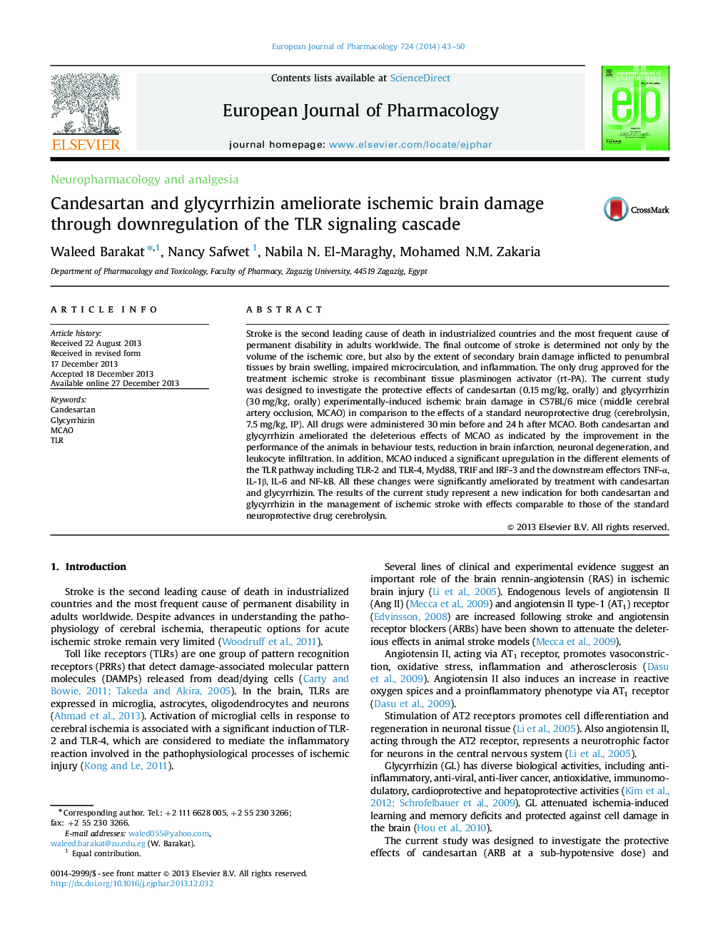 Candesartan and glycyrrhizin ameliorate ischemic brain damage through downregulation of the TLR signaling cascade