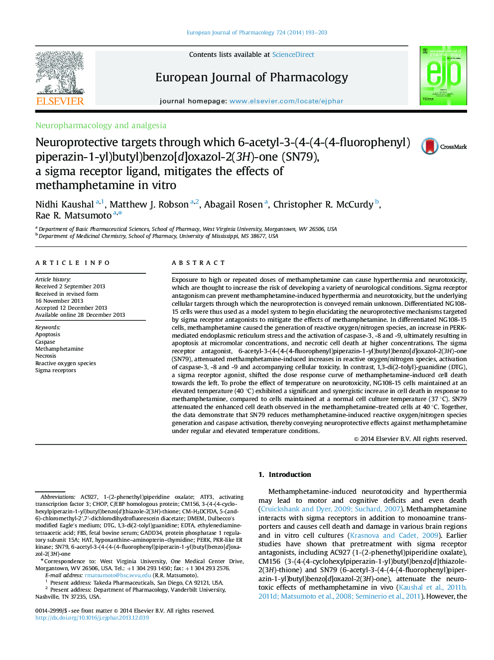 Neuroprotective targets through which 6-acetyl-3-(4-(4-(4-fluorophenyl)piperazin-1-yl)butyl)benzo[d]oxazol-2(3H)-one (SN79), a sigma receptor ligand, mitigates the effects of methamphetamine in vitro