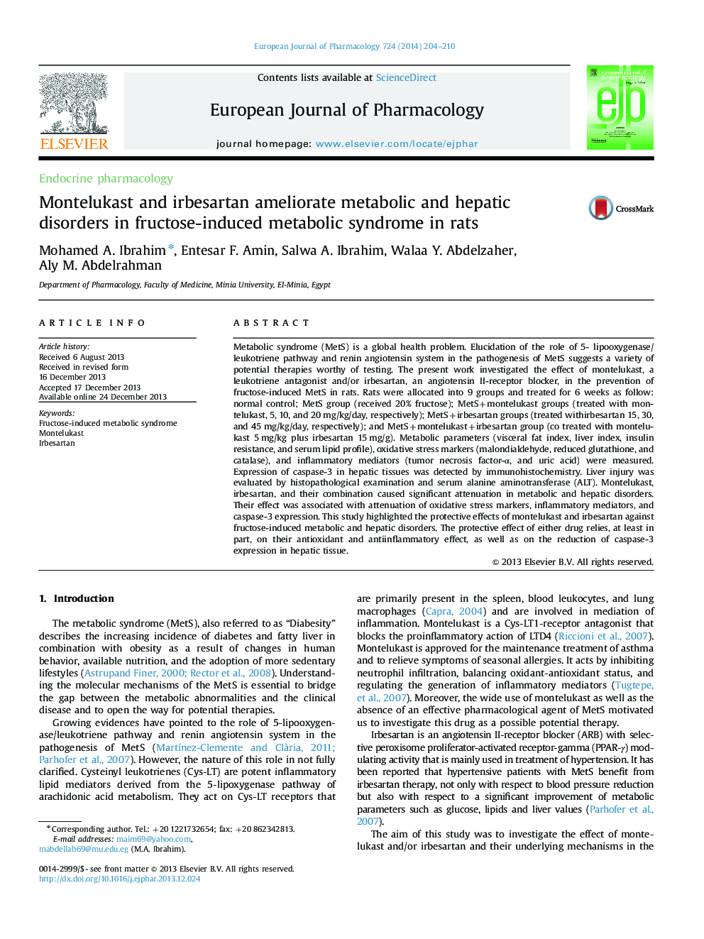 Montelukast and irbesartan ameliorate metabolic and hepatic disorders in fructose-induced metabolic syndrome in rats