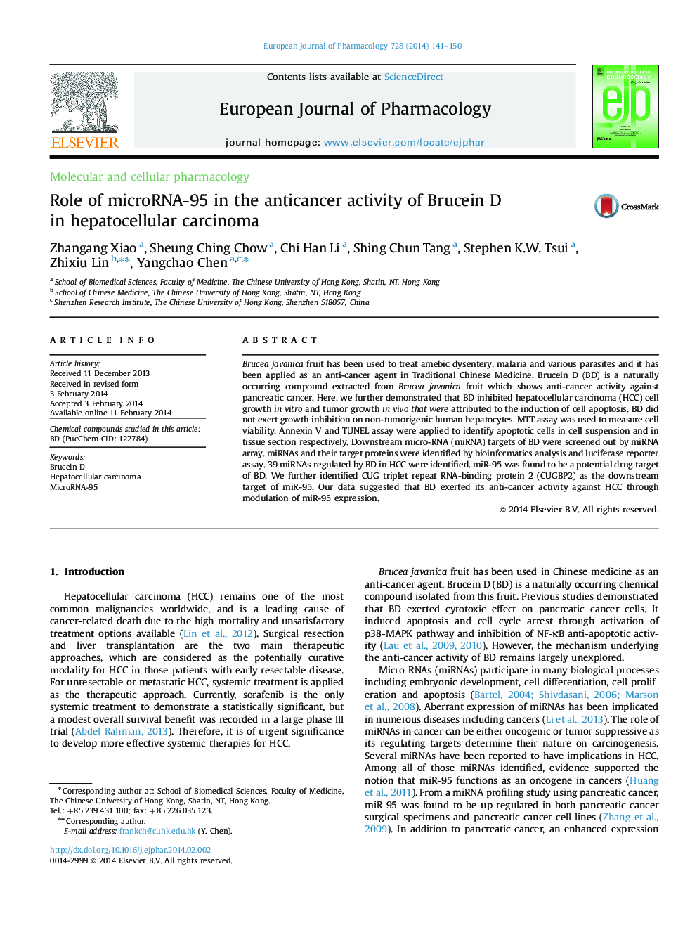 Role of microRNA-95 in the anticancer activity of Brucein D in hepatocellular carcinoma