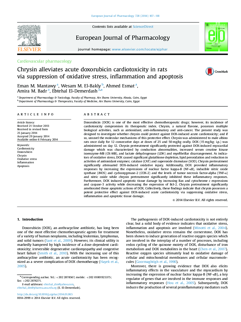 Chrysin alleviates acute doxorubicin cardiotoxicity in rats via suppression of oxidative stress, inflammation and apoptosis