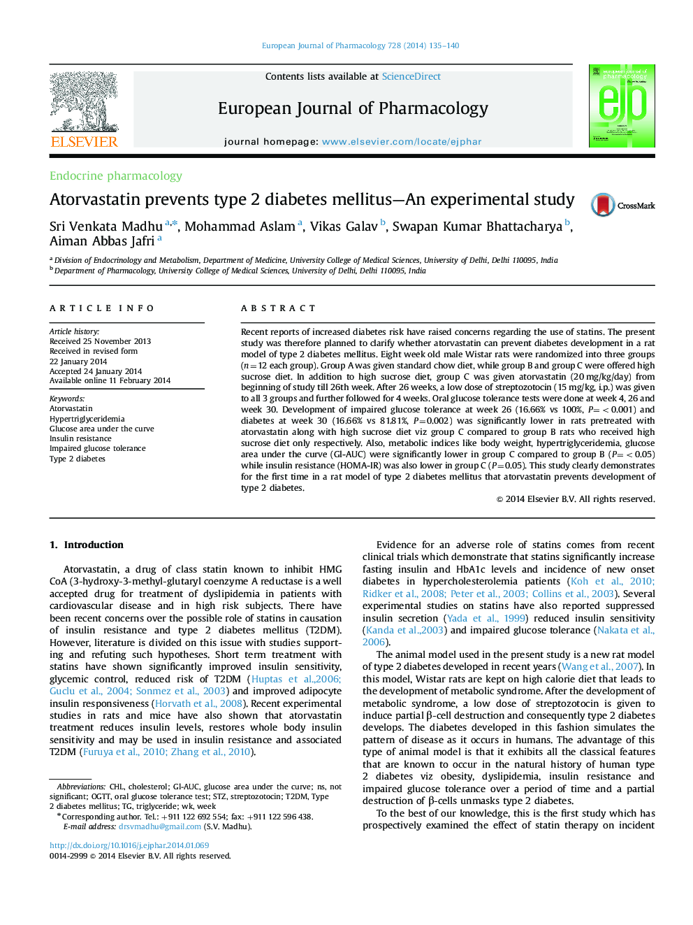 Atorvastatin prevents type 2 diabetes mellitus—An experimental study