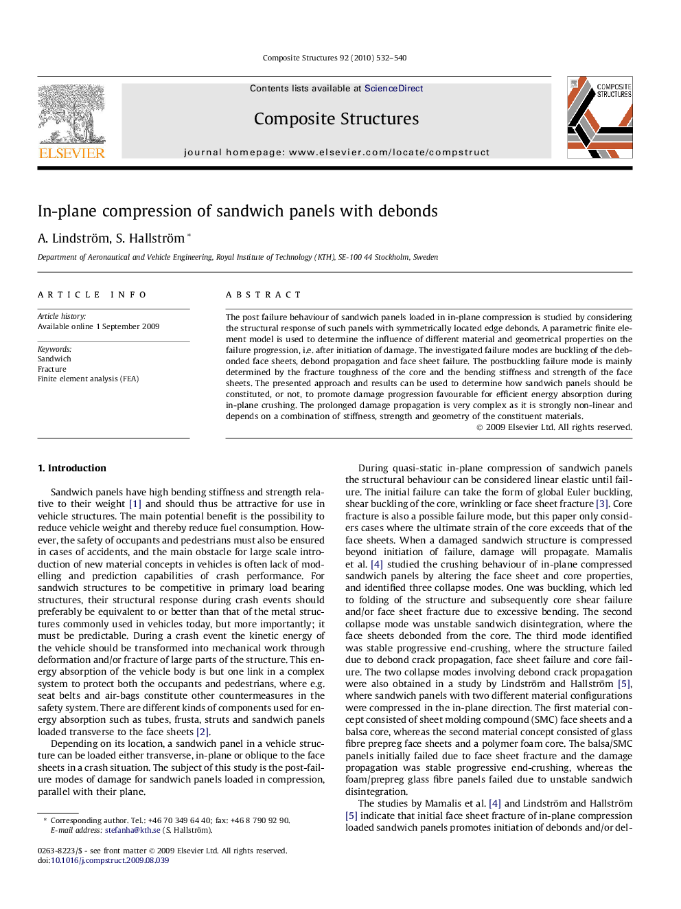 In-plane compression of sandwich panels with debonds