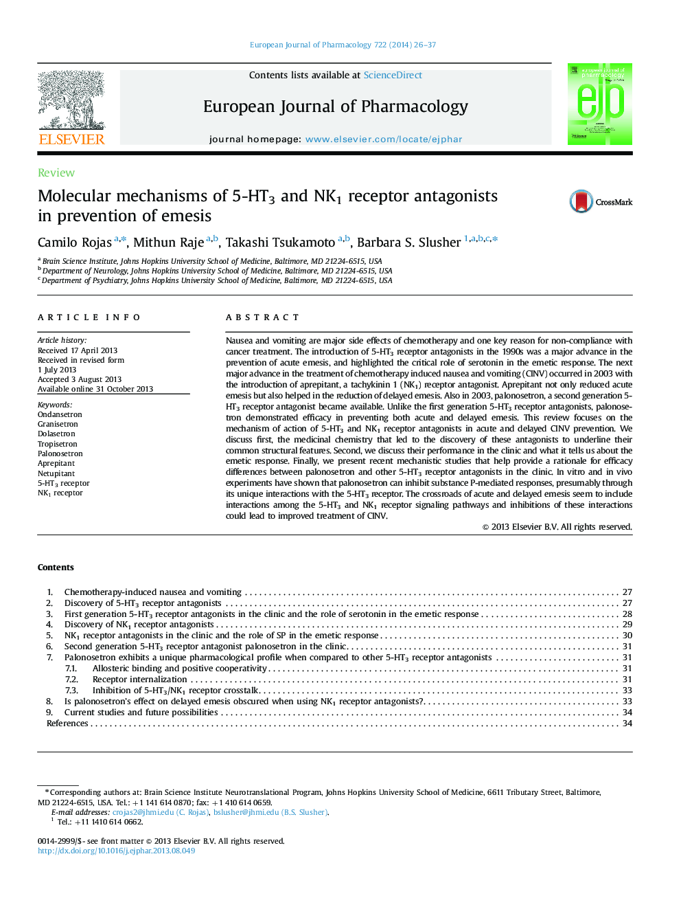 Molecular mechanisms of 5-HT3 and NK1 receptor antagonists in prevention of emesis